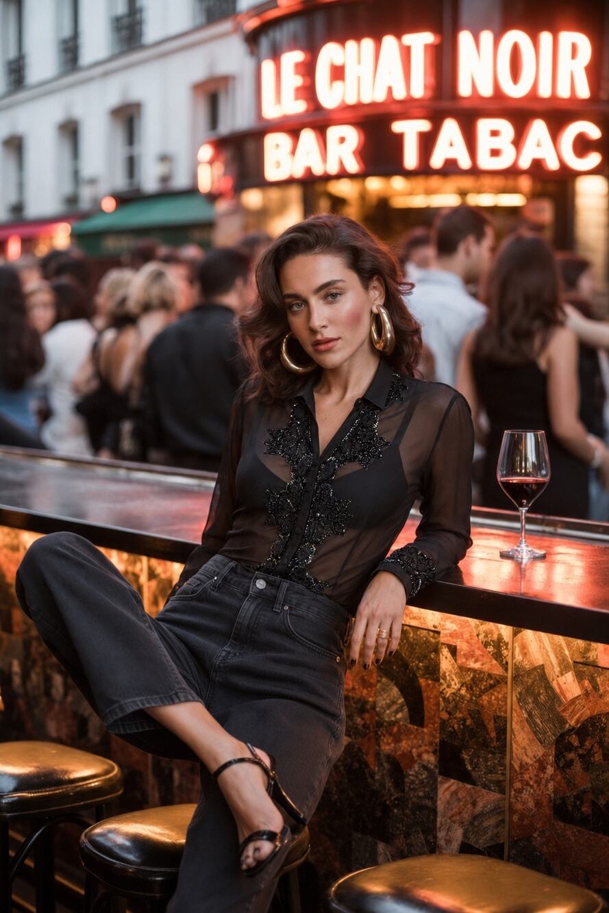 Y2K Sheer Black Silk Embroidered Beaded Sequin Blouse Romantic Goth Indie Sleaze